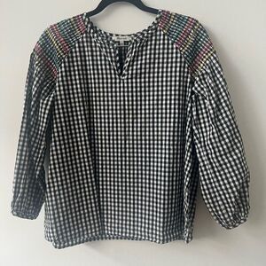 Madewell Women's Black & White Smocked Gingham Peasant Blouse Top Small